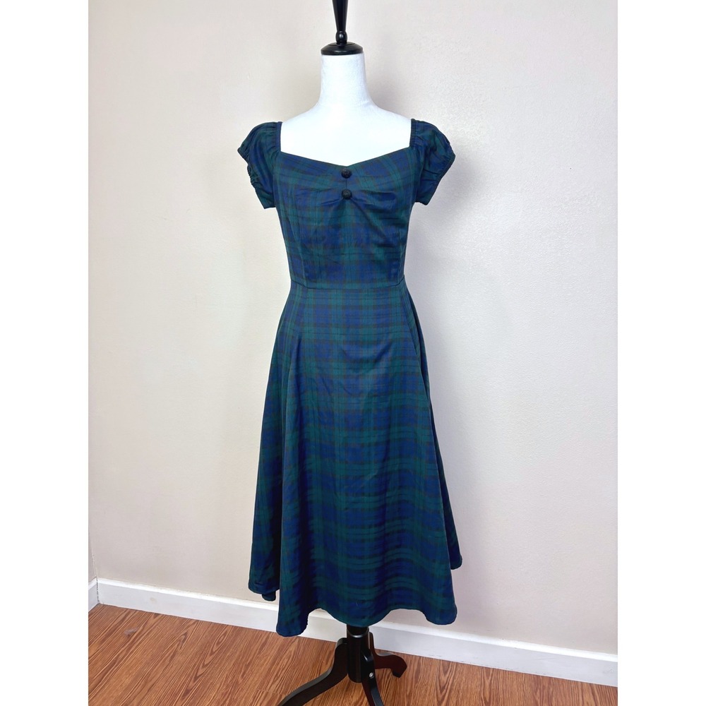 Collectif Retro Plaid Midi Swing Dress Size Small Pockets Dark Academia 50s